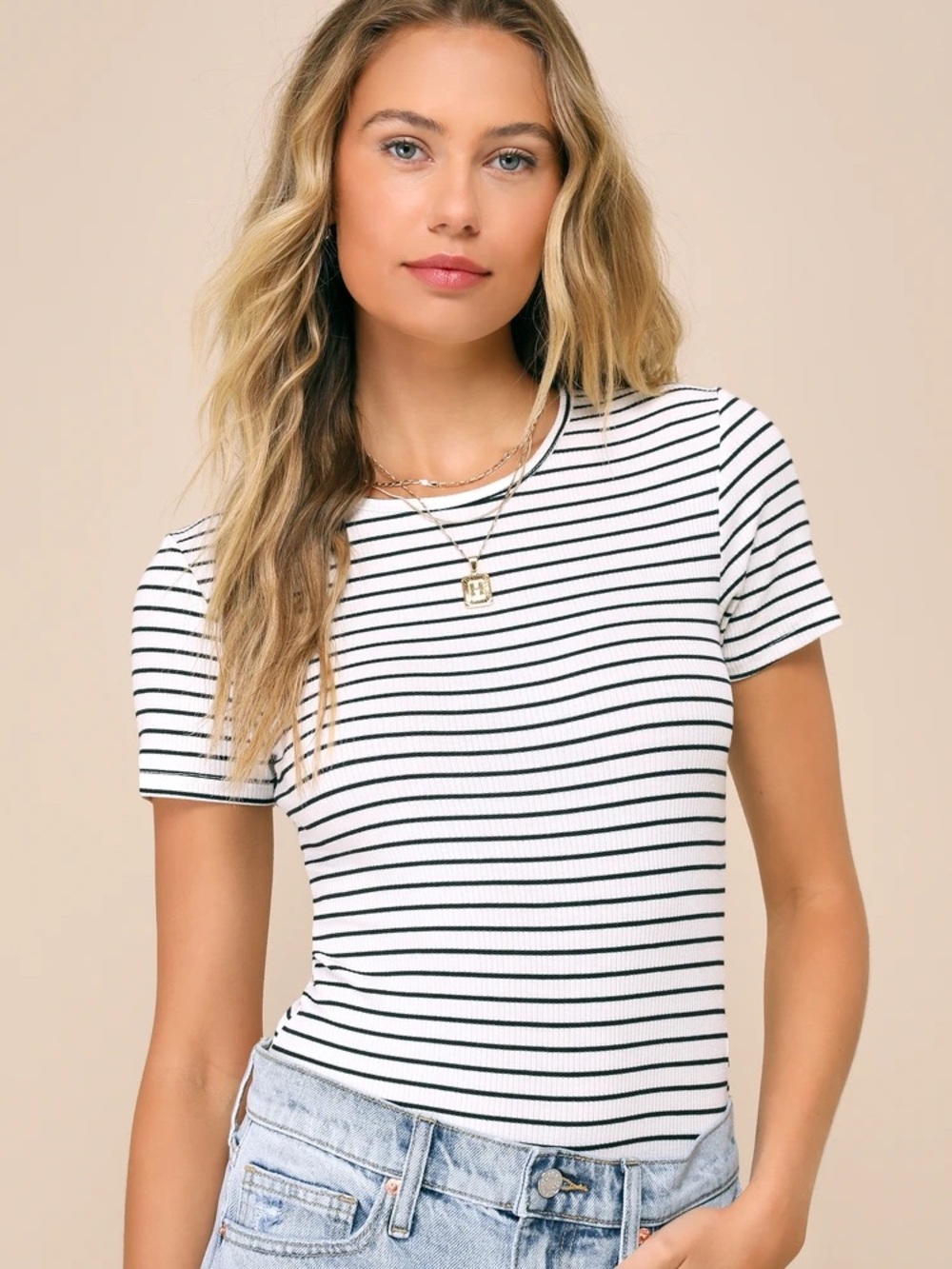 Lulus Striped Ribbed Bodysuit Short Sleeve Fitted Shirt Black White Size Medium
